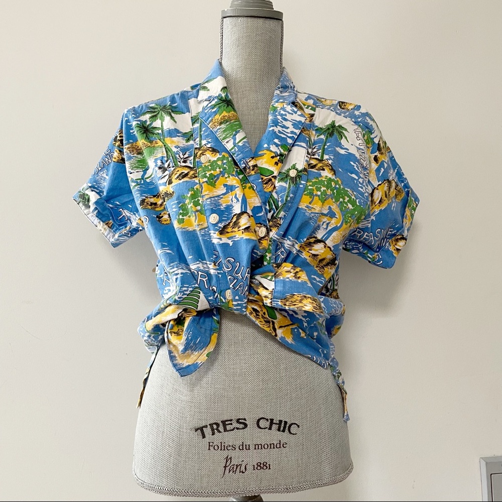 Vintage Hawaiian shirt tropical floral cotton short sleeve top button up blue